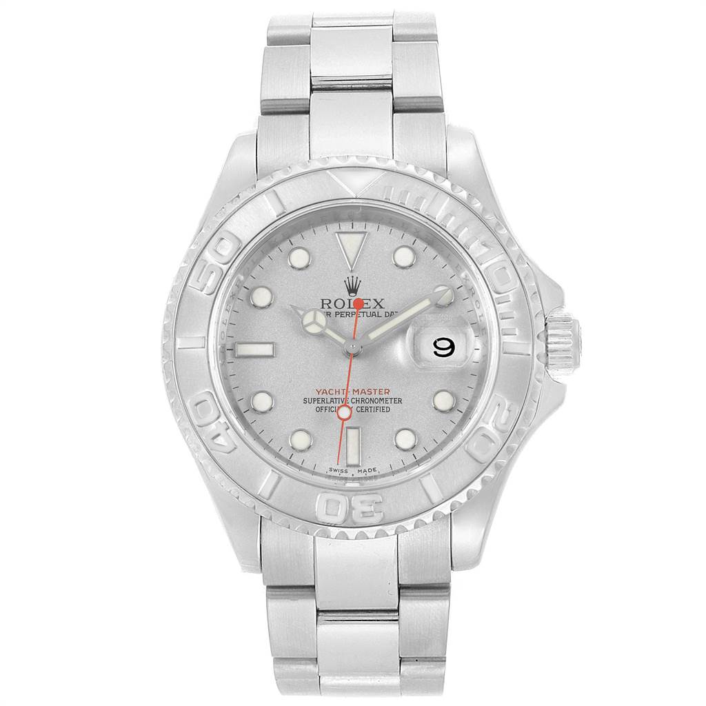 The Rolex Yacht-Master 16622 Men's Stainless Steel Silver Dial 16622 Men's Stainless Steel Silver Dial watch is shown from the front, displaying the dial, bezel, crown, and bracelet.