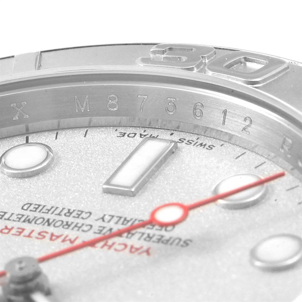 This close-up shows the bezel, dial, and part of the serial number of the Rolex Yacht-Master 16622 Men's Stainless Steel Silver Dial 16622 Men's Stainless Steel Silver Dial watch.