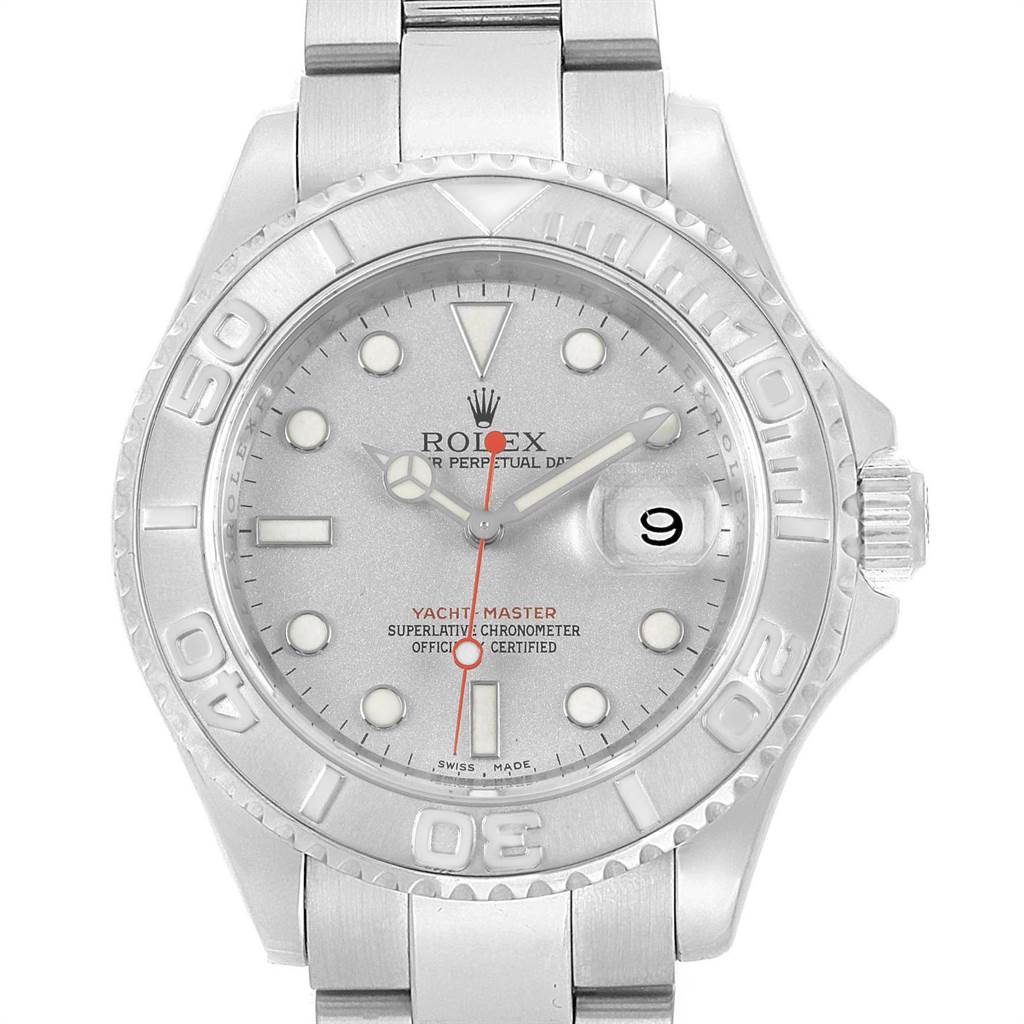 The image shows a front view of a Rolex Yacht-Master 16622 Men's Stainless Steel Silver Dial 16622 Men's Stainless Steel Silver Dial watch, highlighting the dial, bezel, and bracelet.