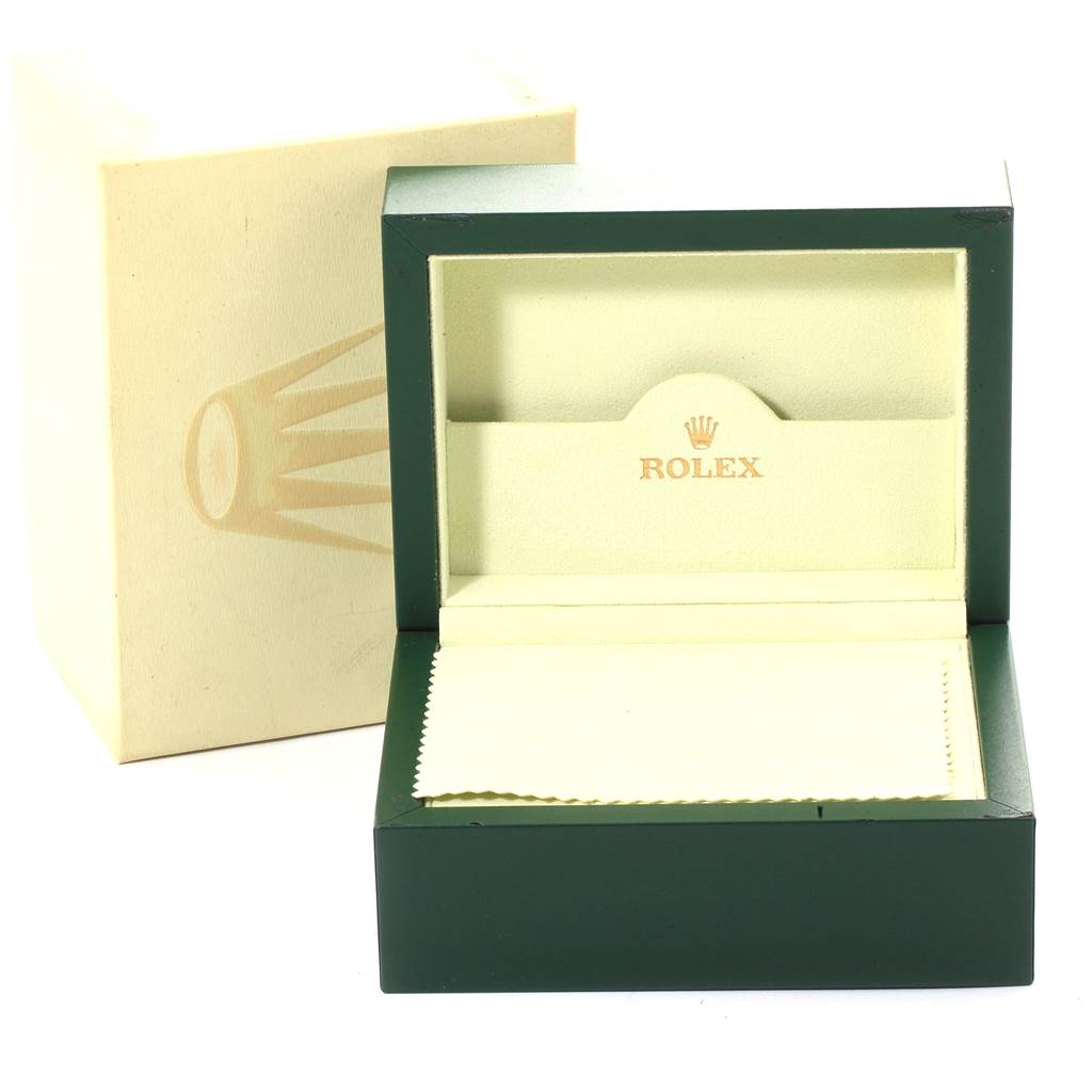 The image shows an empty Rolex Yacht-Master 168622 Men
s Stainless Steel Silver Dial 168622 Men
s Stainless Steel Silver Dial watch box and outer packaging from a frontal angle.