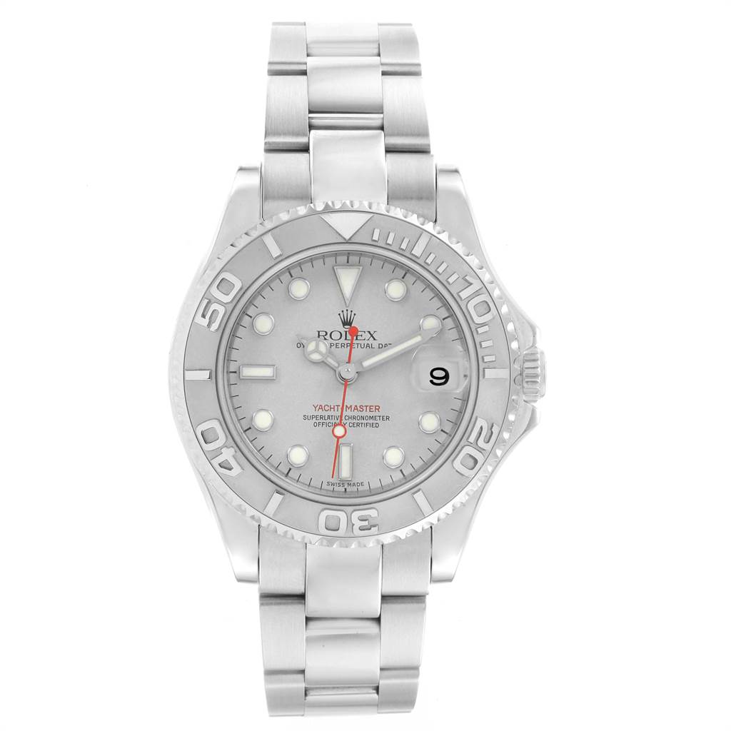 The image shows a full frontal view of the Rolex Yacht-Master 168622 Men
s Stainless Steel Silver Dial 168622 Men
s Stainless Steel Silver Dial watch, highlighting its dial, bezel, and bracelet.