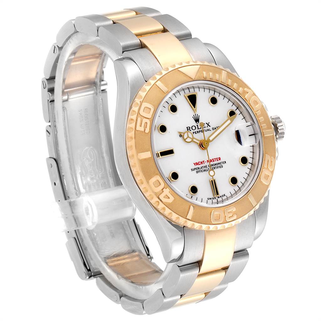 The Rolex Yacht-Master 168623 Men's Steel and Gold (two tone) White Dial 168623 Men's Steel and Gold (two tone) White Dial watch is shown at a three-quarter angle, highlighting its face, bezel, and bracelet.