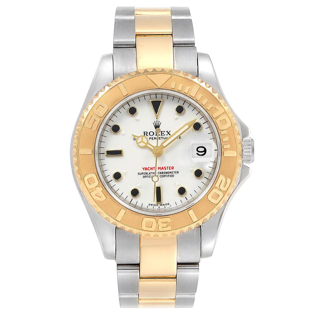 The image shows a front view of a Rolex Yacht-Master 168623 Men's Steel and Gold (two tone) White Dial 168623 Men's Steel and Gold (two tone) White Dial watch featuring a gold bezel and a two-tone metal bracelet.
