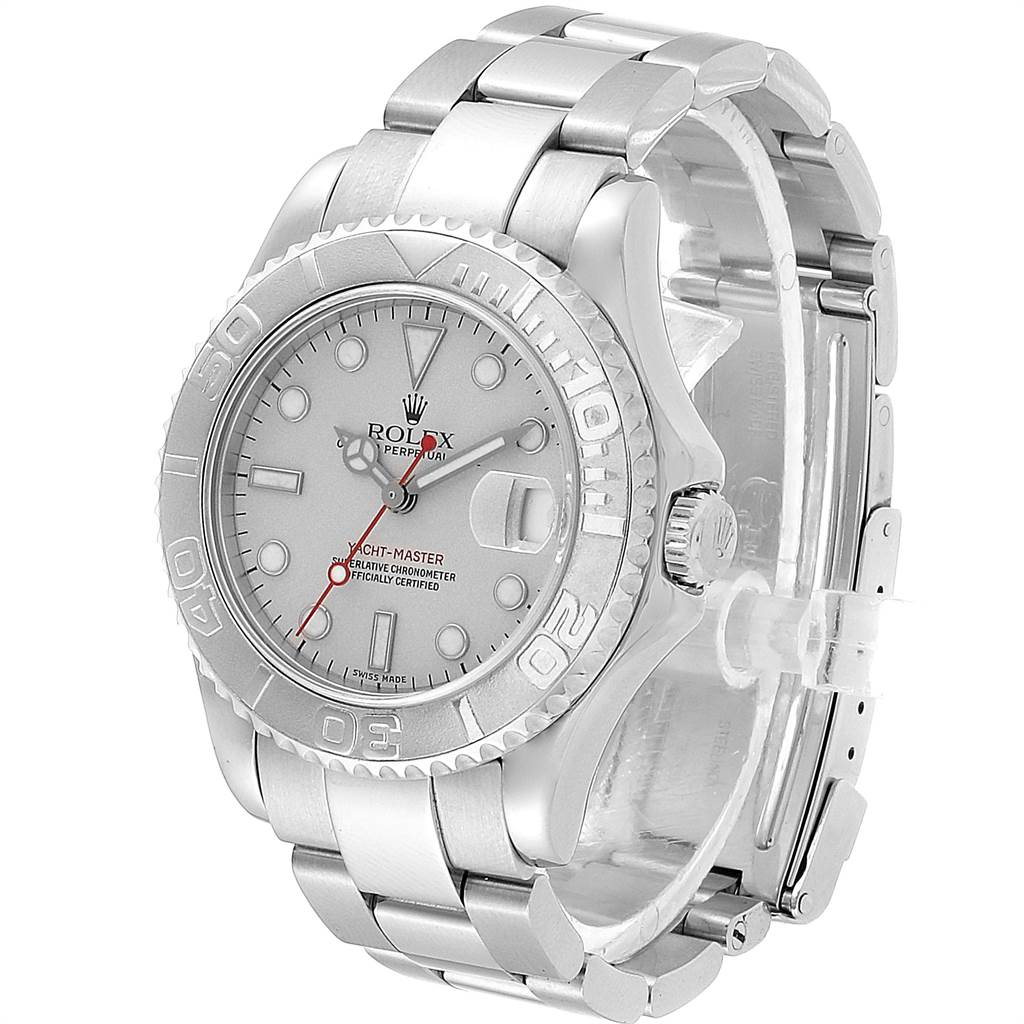 The Rolex Yacht-Master 168622 Men's Stainless Steel Silver Dial 168622 Men's Stainless Steel Silver Dial model watch is shown at an angle highlighting the face, bezel, crown, and stainless steel bracelet.