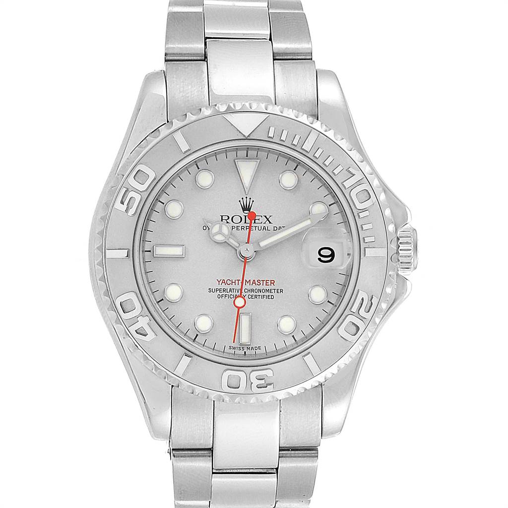 The Rolex Yacht-Master 168622 Men's Stainless Steel Silver Dial 168622 Men's Stainless Steel Silver Dial watch is shown from a front angle, displaying the dial, bezel, and bracelet.