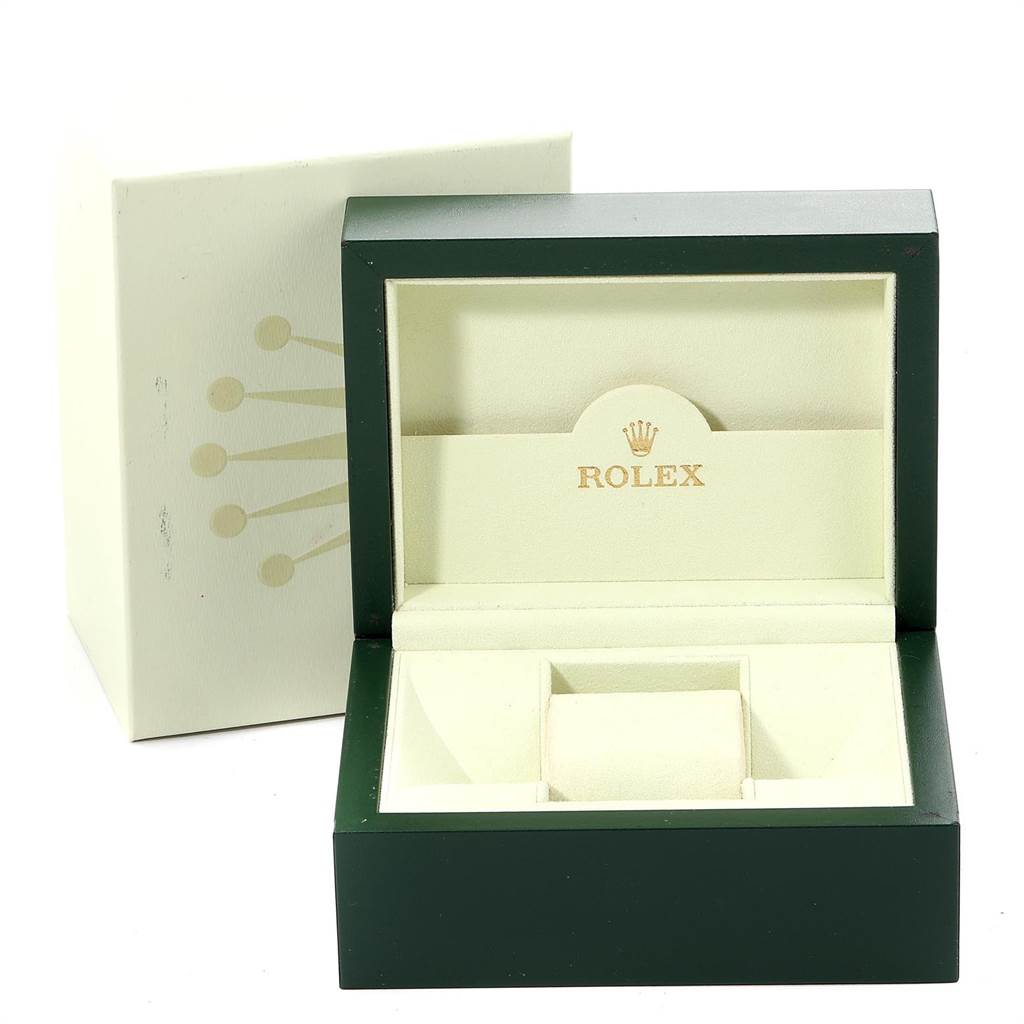 The image shows an open Rolex Yacht-Master 168622 Men's Stainless Steel Silver Dial 168622 Men's Stainless Steel Silver Dial watch box, displaying the interior compartments and the brand's logo.