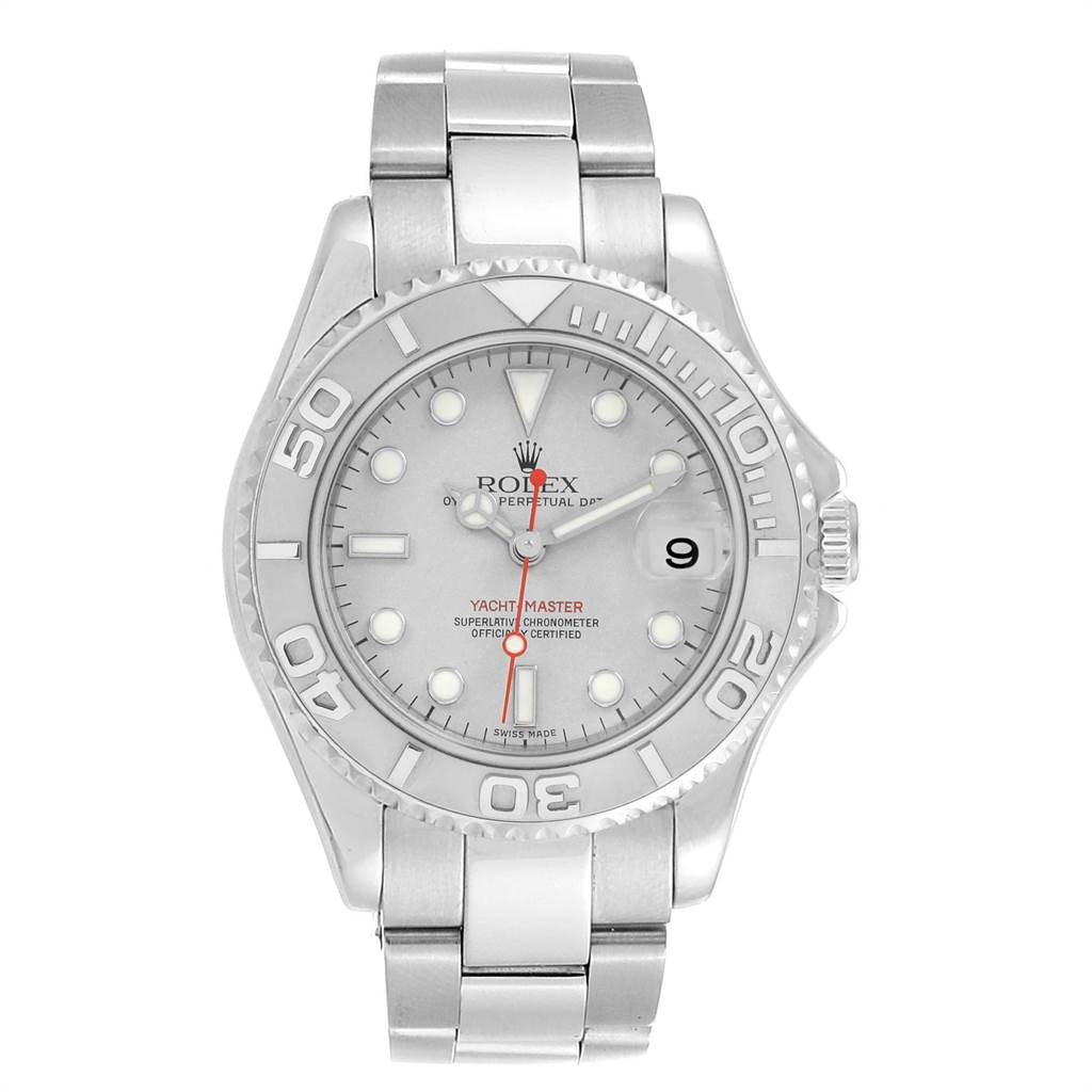The Rolex Yacht-Master 168622 Men's Stainless Steel Silver Dial 168622 Men's Stainless Steel Silver Dial watch is shown from the front, highlighting the bezel, dial, hands, and bracelet.