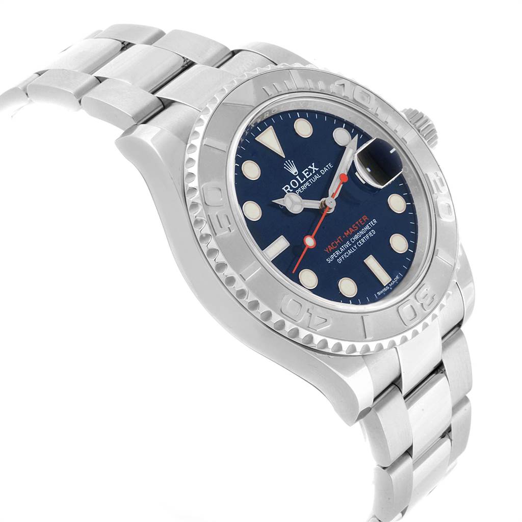 This image shows a side angle of the Rolex Yacht-Master 116622 Men's Stainless Steel Blue Dial 116622 Men's Stainless Steel Blue Dial watch, featuring the bezel, dial, and part of the bracelet.