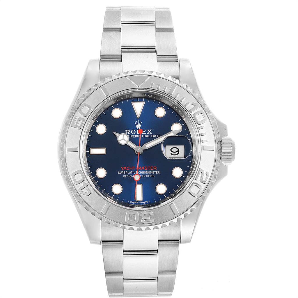 The Rolex Yacht-Master 116622 Men's Stainless Steel Blue Dial 116622 Men's Stainless Steel Blue Dial watch is shown from the front, featuring its blue dial, silver bezel, bracelet, and date window.