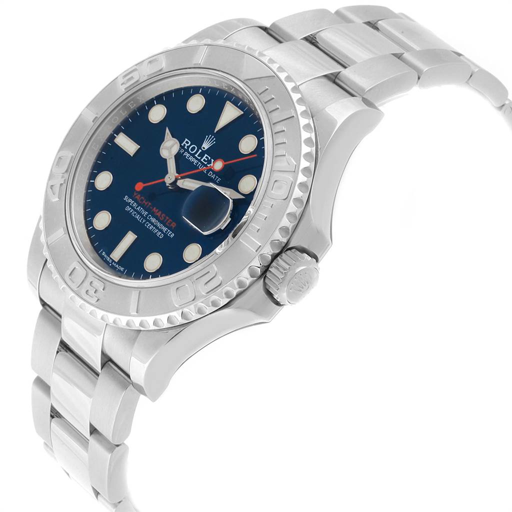 The image shows a Rolex Yacht-Master 116622 Men's Stainless Steel Blue Dial 116622 Men's Stainless Steel Blue Dial watch from a side angle, highlighting the bezel, crown, and bracelet.