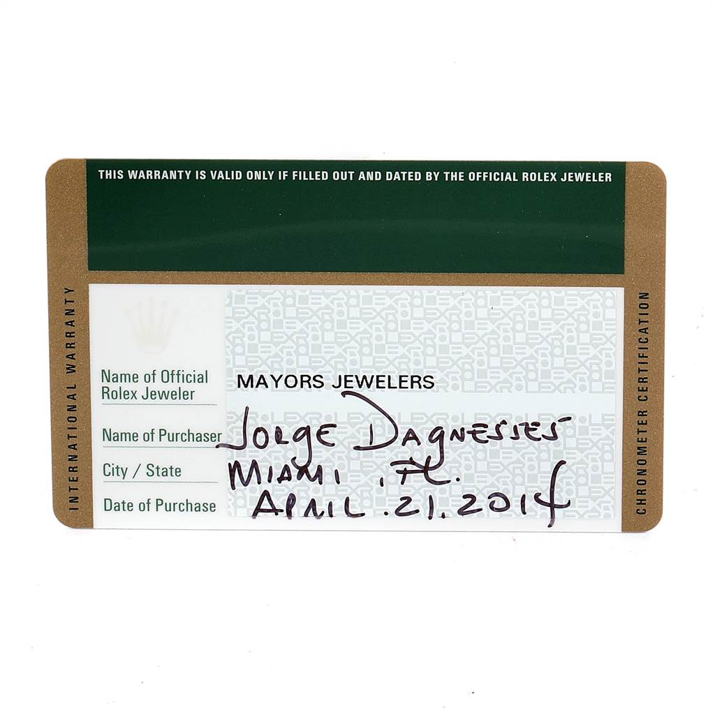 The image shows the international warranty card for a Rolex Yacht-Master 116622 Men's Stainless Steel Blue Dial 116622 Men's Stainless Steel Blue Dial watch.