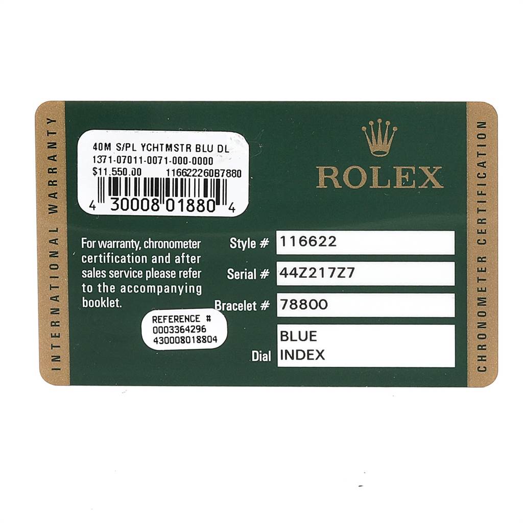 This image shows the international warranty card for the Rolex Yacht-Master 116622 Men's Stainless Steel Blue Dial 116622 Men's Stainless Steel Blue Dial watch model.