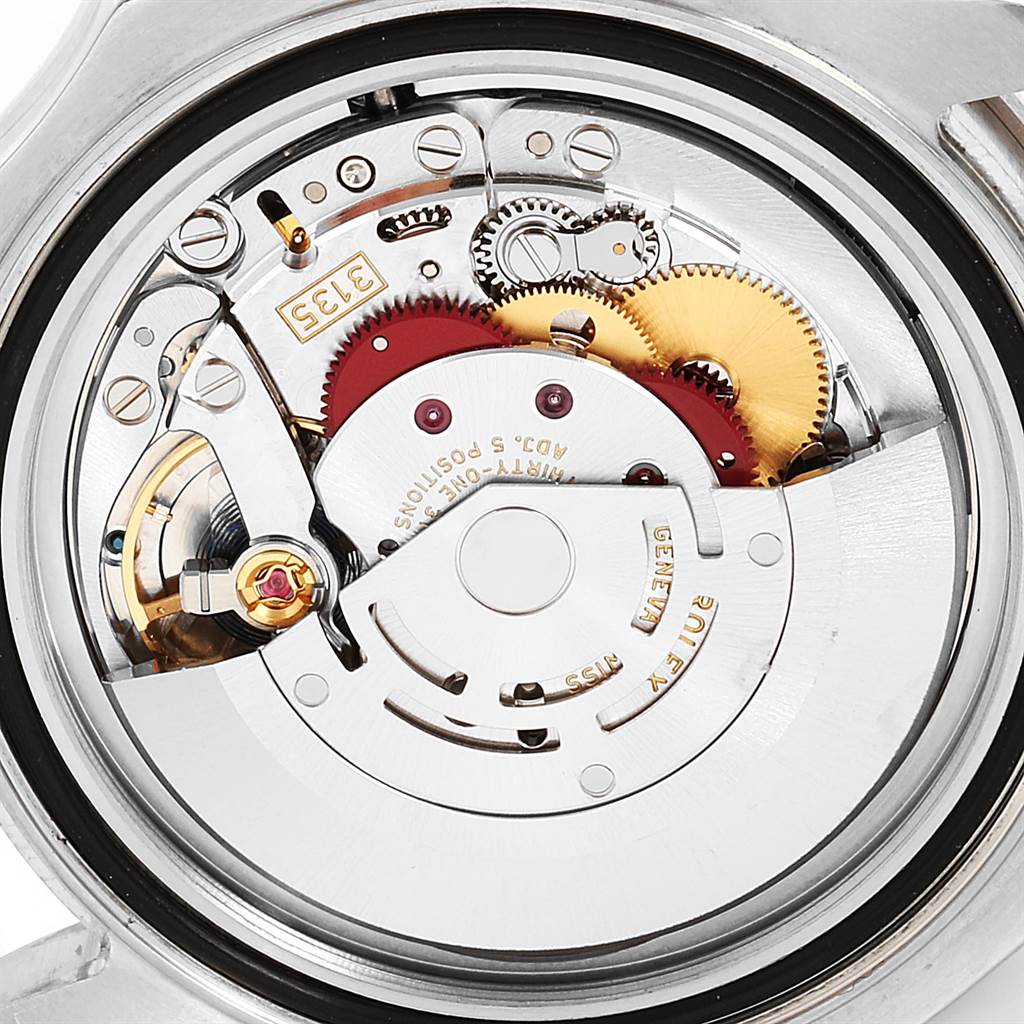 This image shows the intricate internal movement and gears of a Rolex Yacht-Master 116622 Men's Stainless Steel Blue Dial 116622 Men's Stainless Steel Blue Dial watch from a close-up, rear angle.