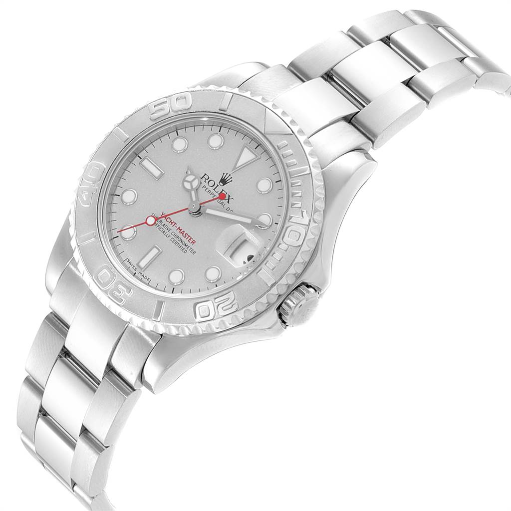 The Rolex Yacht-Master 168622 Men
s Stainless Steel Silver Dial 168622 Men
s Stainless Steel Silver Dial watch is shown at a slight angle, highlighting its silver bezel, dial, crown, and metal bracelet.