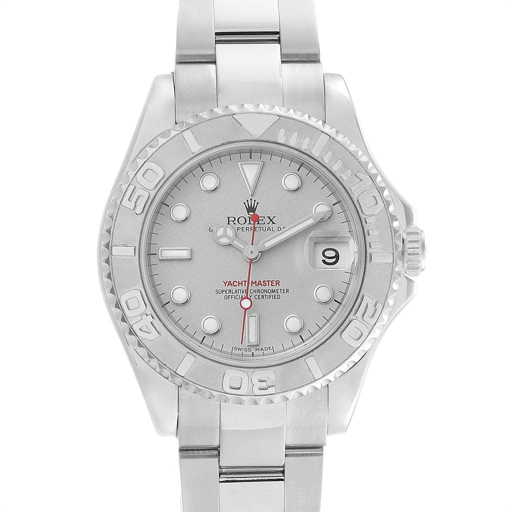 The image shows a front view of a Rolex Yacht-Master 168622 Men
s Stainless Steel Silver Dial 168622 Men
s Stainless Steel Silver Dial watch, displaying its bezel, dial, hands, and bracelet.