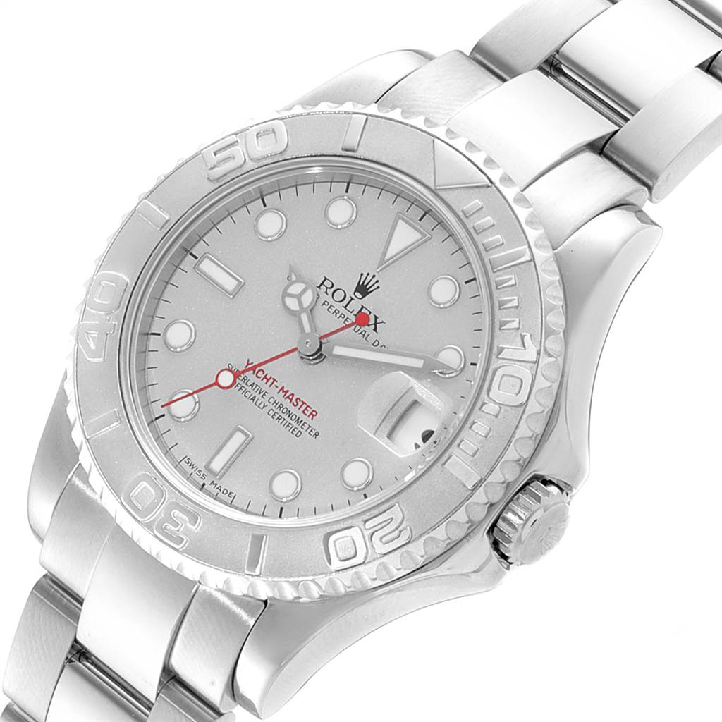 The Rolex Yacht-Master 168622 Men
s Stainless Steel Silver Dial 168622 Men
s Stainless Steel Silver Dial watch is shown from a top-down angle, displaying its bezel, dial, crown, and part of the bracelet.