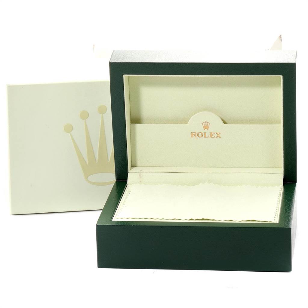 The image shows an empty green Rolex watch box for the Yacht-Master model, including the outer cover.