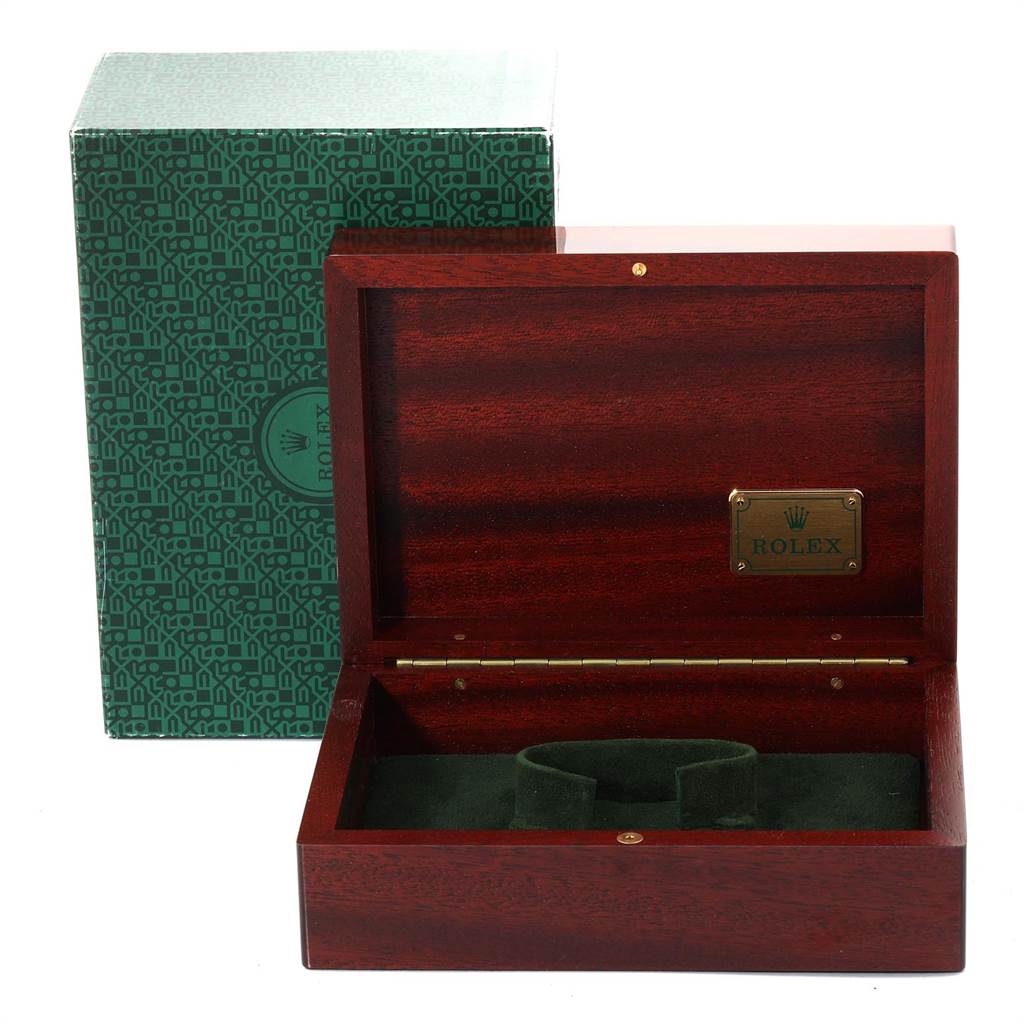 The image shows a Rolex Yacht-Master 68628 Yellow Gold Blue Dial 68628 Yellow Gold Blue Dial watch box taken from the top and front angle, featuring its hinged lid and interior cushion.