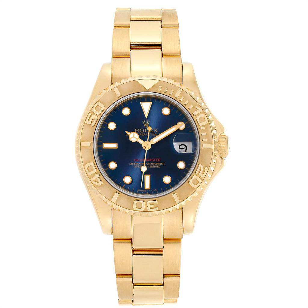 The Rolex Yacht-Master 68628 Yellow Gold Blue Dial 68628 Yellow Gold Blue Dial watch is shown from a top-down angle highlighting the dial, bezel, and bracelet.