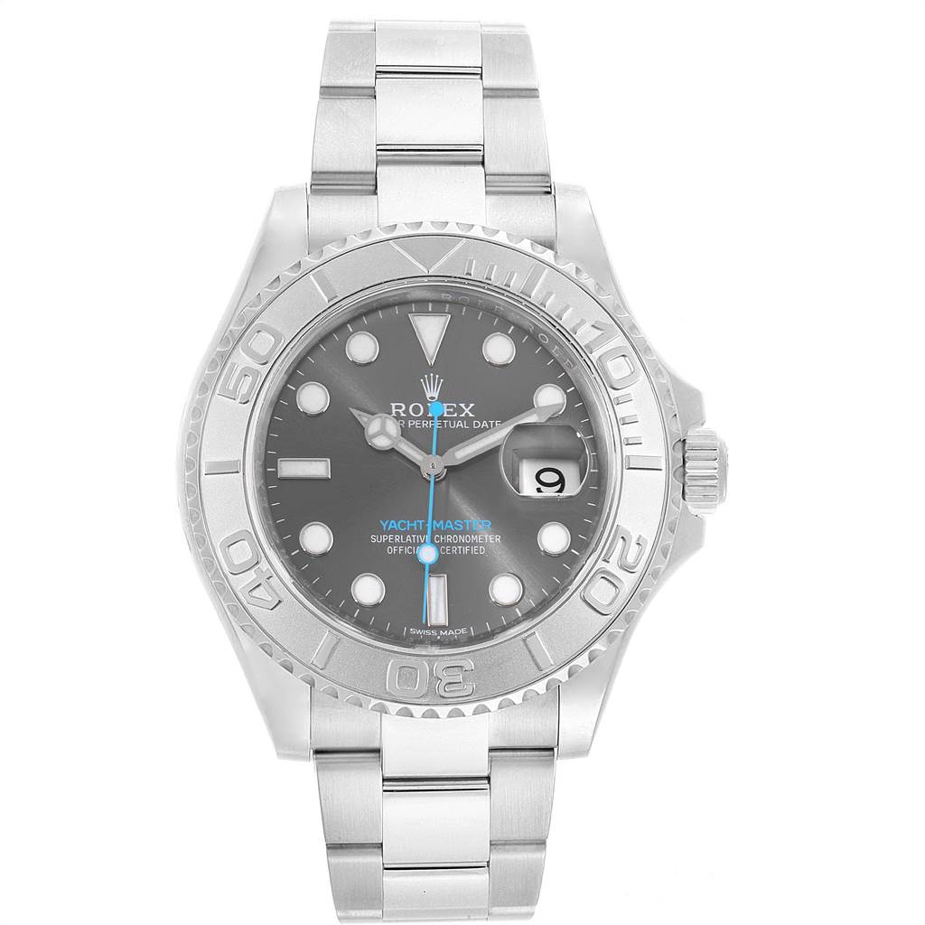 The Rolex Yacht-Master 116622 Men's Stainless Steel Grey Dial 116622 Men's Stainless Steel Grey Dial watch is shown from a straight-on angle, clearly displaying the bezel, dial, hands, indices, and date window.