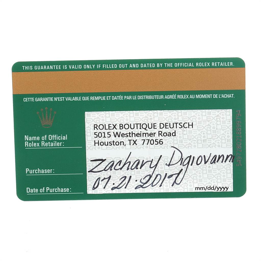 This image shows the guarantee card for a Rolex Yacht-Master 116622 Men's Stainless Steel Grey Dial 116622 Men's Stainless Steel Grey Dial model, highlighting the retailer's information and purchase date.