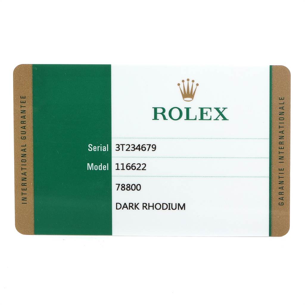 This image shows the international guarantee card for the Rolex Yacht-Master 116622 Men's Stainless Steel Grey Dial 116622 Men's Stainless Steel Grey Dial model.