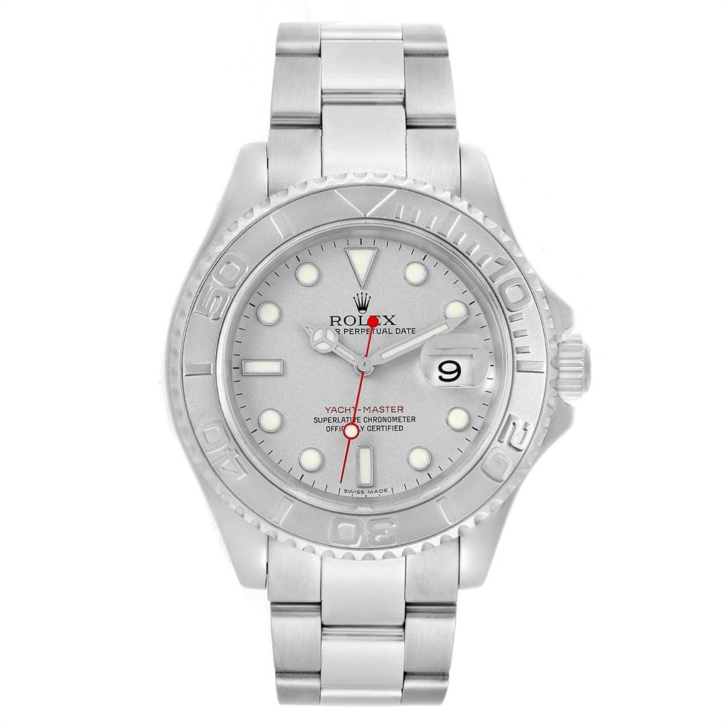 The image shows a front view of a Rolex Yacht-Master 16622 Men's Stainless Steel Silver Dial 16622 Men's Stainless Steel Silver Dial watch, highlighting the face, bezel, and bracelet.
