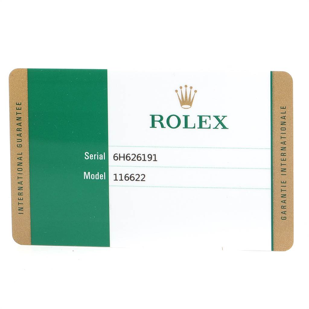 This image shows the international guarantee card for a Rolex Yacht-Master 116622 Men's Stainless Steel Grey Dial 116622 Men's Stainless Steel Grey Dial model 116622.