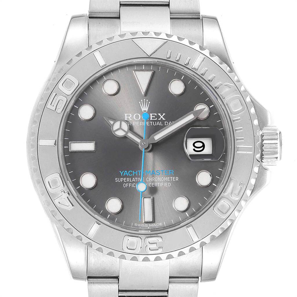 This image shows a front view of the Rolex Yacht-Master 116622 Men's Stainless Steel Grey Dial 116622 Men's Stainless Steel Grey Dial watch, highlighting its dial, bezel, and bracelet.