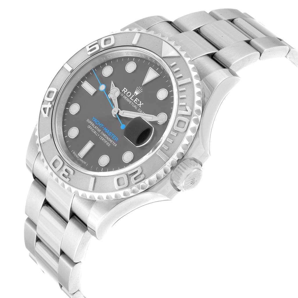 The Rolex Yacht-Master 116622 Men's Stainless Steel Grey Dial 116622 Men's Stainless Steel Grey Dial watch is shown at an angled view, displaying the dial, bezel, crown, and part of the bracelet.