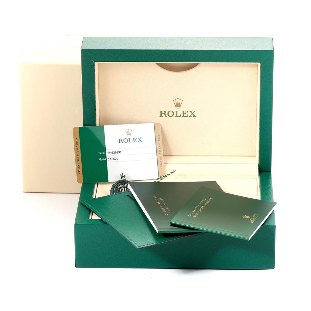 The image shows the packaging and accessories for a Rolex Yacht-Master 116622 Men's Stainless Steel Grey Dial 116622 Men's Stainless Steel Grey Dial model, including the box, warranty card, and manuals.