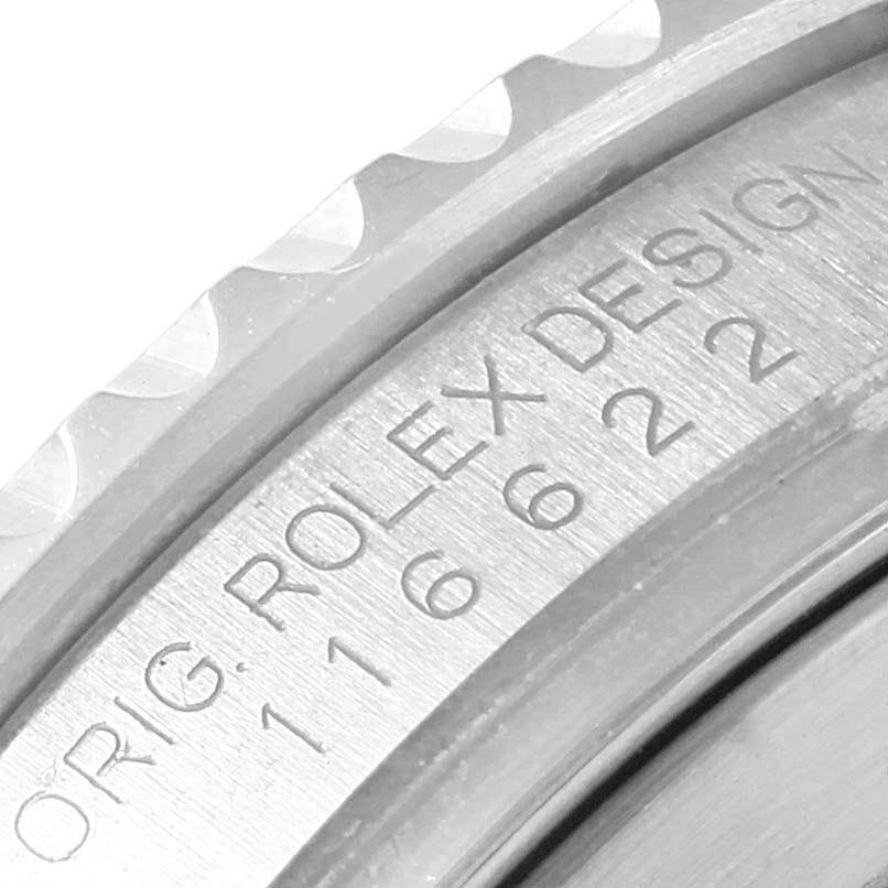 This image shows a close-up view of the Rolex Yacht-Master 116622 Men's Stainless Steel Grey Dial 116622 Men's Stainless Steel Grey Dial watch, specifically the edge of the bezel and the model number engraving.