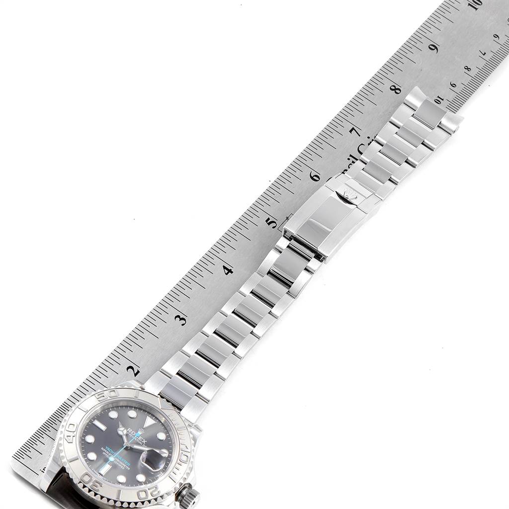 The image shows a Rolex Yacht-Master 116622 Men's Stainless Steel Grey Dial 116622 Men's Stainless Steel Grey Dial laid flat with an extended metal bracelet and clasp next to a ruler for measurement.