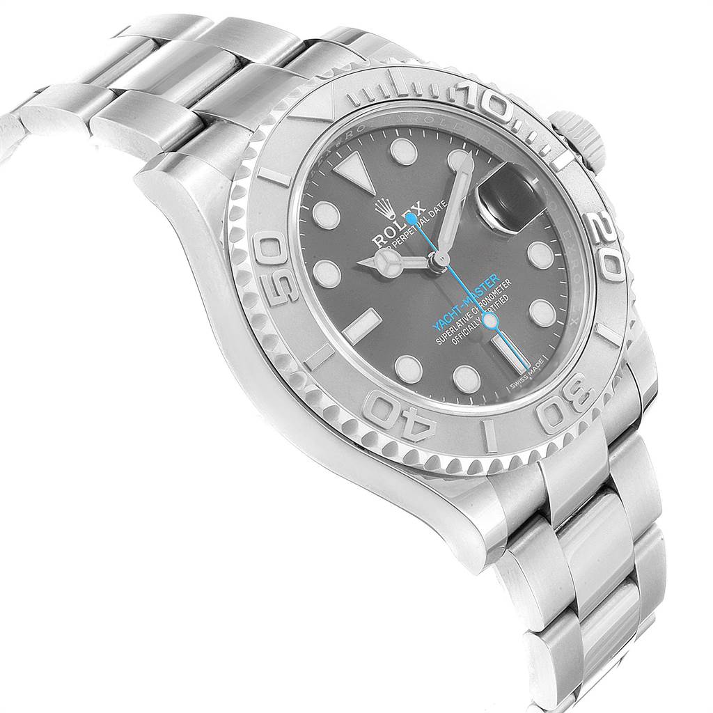 The image shows a Rolex Yacht-Master 116622 Men's Stainless Steel Grey Dial 116622 Men's Stainless Steel Grey Dial watch at an angled side view, focusing on its dial, bezel, and bracelet.