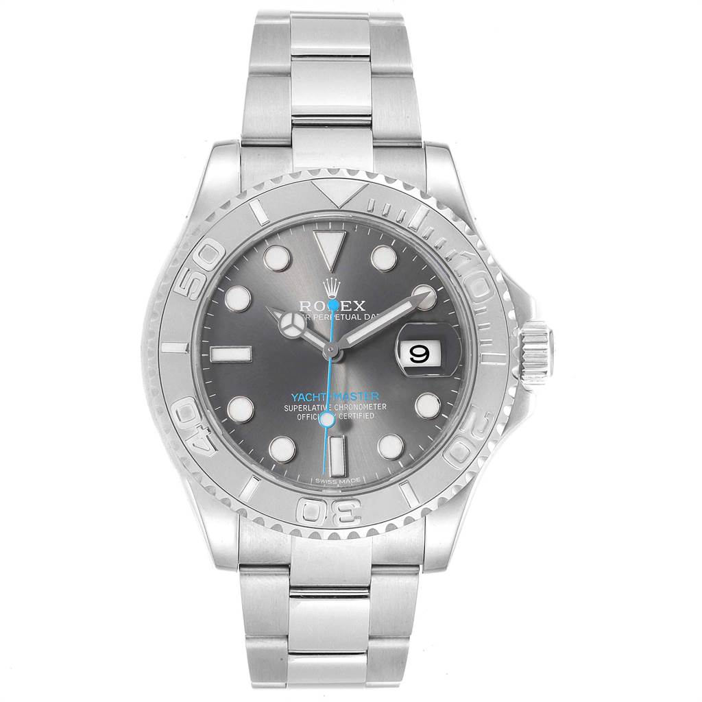 This image shows a Rolex Yacht-Master 116622 Men's Stainless Steel Grey Dial 116622 Men's Stainless Steel Grey Dial watch from the front, displaying the dial, bezel, and bracelet.