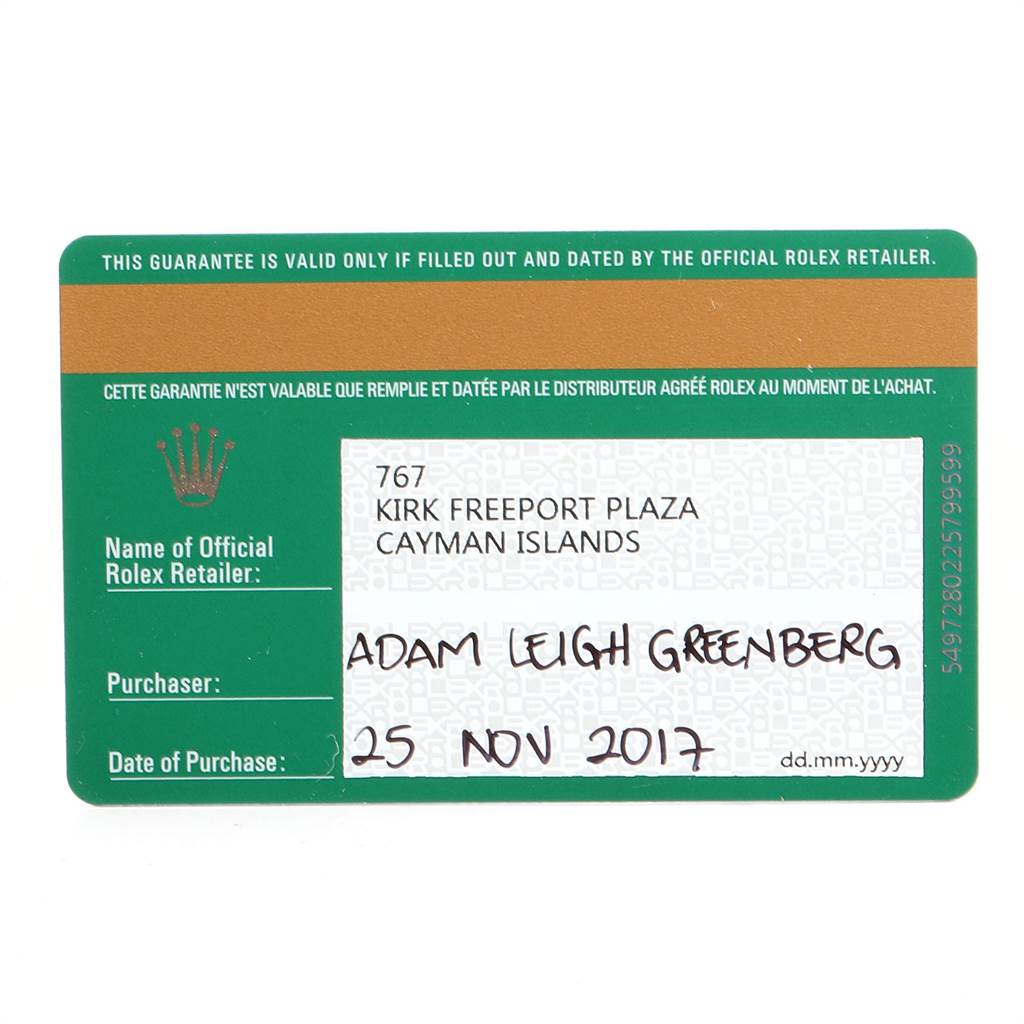 The image shows a green and gold warranty card with details of the official retailer, purchaser, and purchase date for a Rolex Yacht-Master 116622 Men's Stainless Steel Grey Dial 116622 Men's Stainless Steel Grey Dial watch.