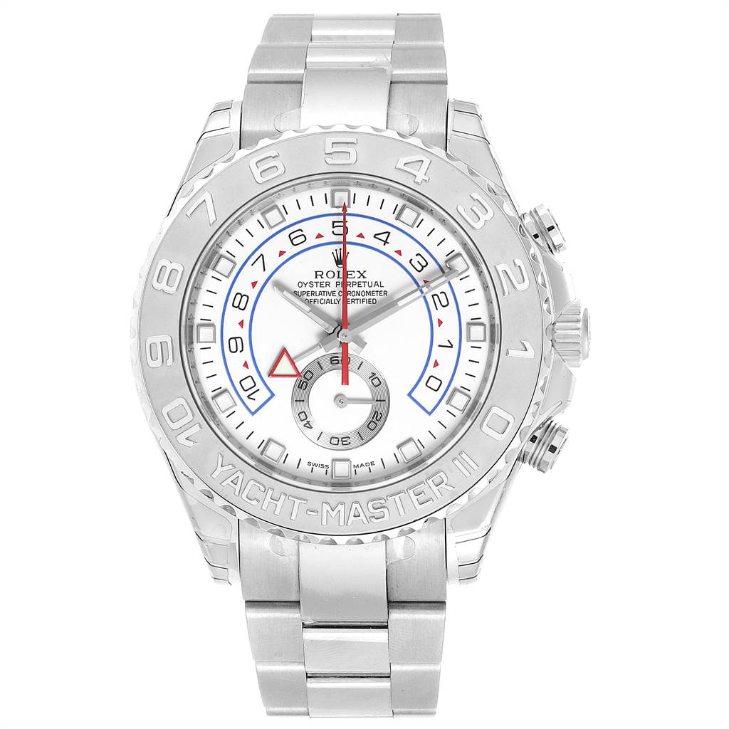 The image shows a front view of the Rolex Yacht-Master 116689 Men's White Gold White Dial 116689 Men's White Gold White Dial watch, featuring its dial, bezel, and bracelet.