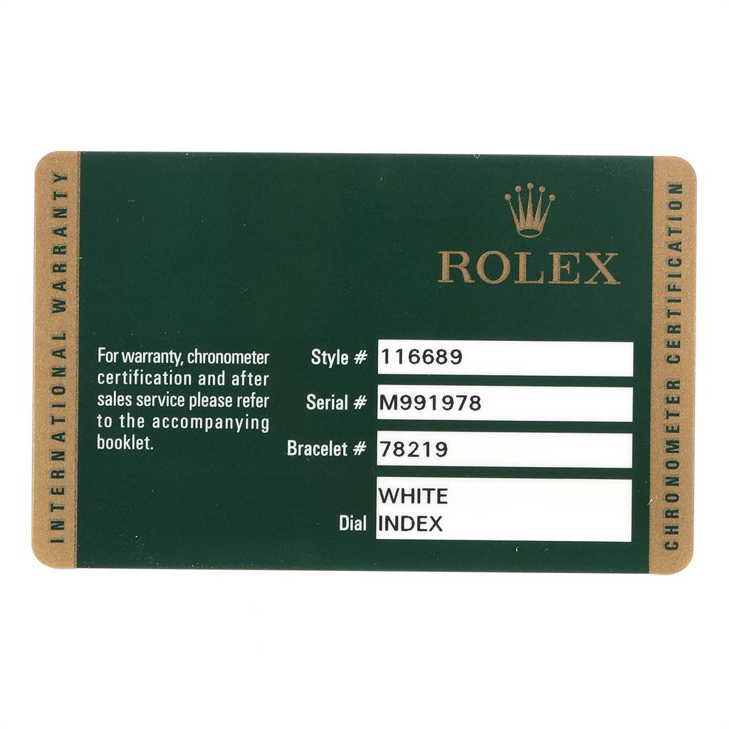This is a warranty card for the Rolex Yacht-Master 116689 Men's White Gold White Dial 116689 Men's White Gold White Dial watch, displaying style, serial, bracelet numbers, and dial information.