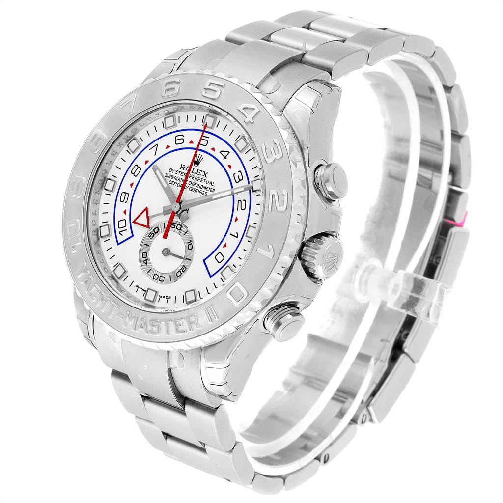 The image shows a Rolex Yacht-Master 116689 Men's White Gold White Dial 116689 Men's White Gold White Dial watch at an angled side view, highlighting the dial, bezel, and bracelet.