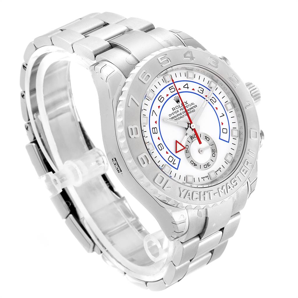 The image shows a Rolex Yacht-Master 116689 Men's White Gold White Dial 116689 Men's White Gold White Dial watch at a slightly tilted angle, highlighting its silver bezel, bracelet, and white dial.