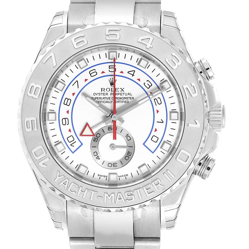 The image shows a full frontal view of a Rolex Yacht-Master 116689 Men's White Gold White Dial 116689 Men's White Gold White Dial watch, showcasing its dial, bezel, and bracelet.