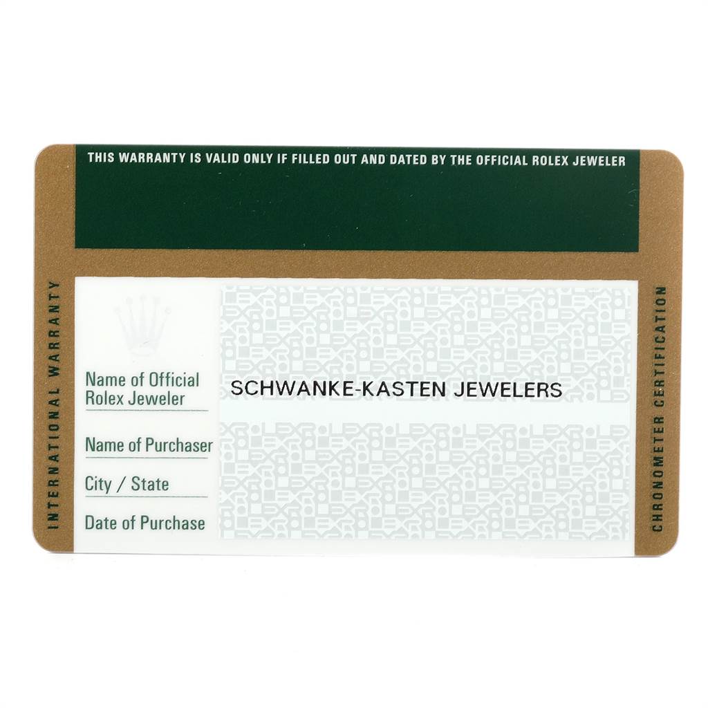 This image shows an international warranty card for a Rolex Yacht-Master 116689 Men's White Gold White Dial 116689 Men's White Gold White Dial watch from Schwanke-Kasten Jewelers.