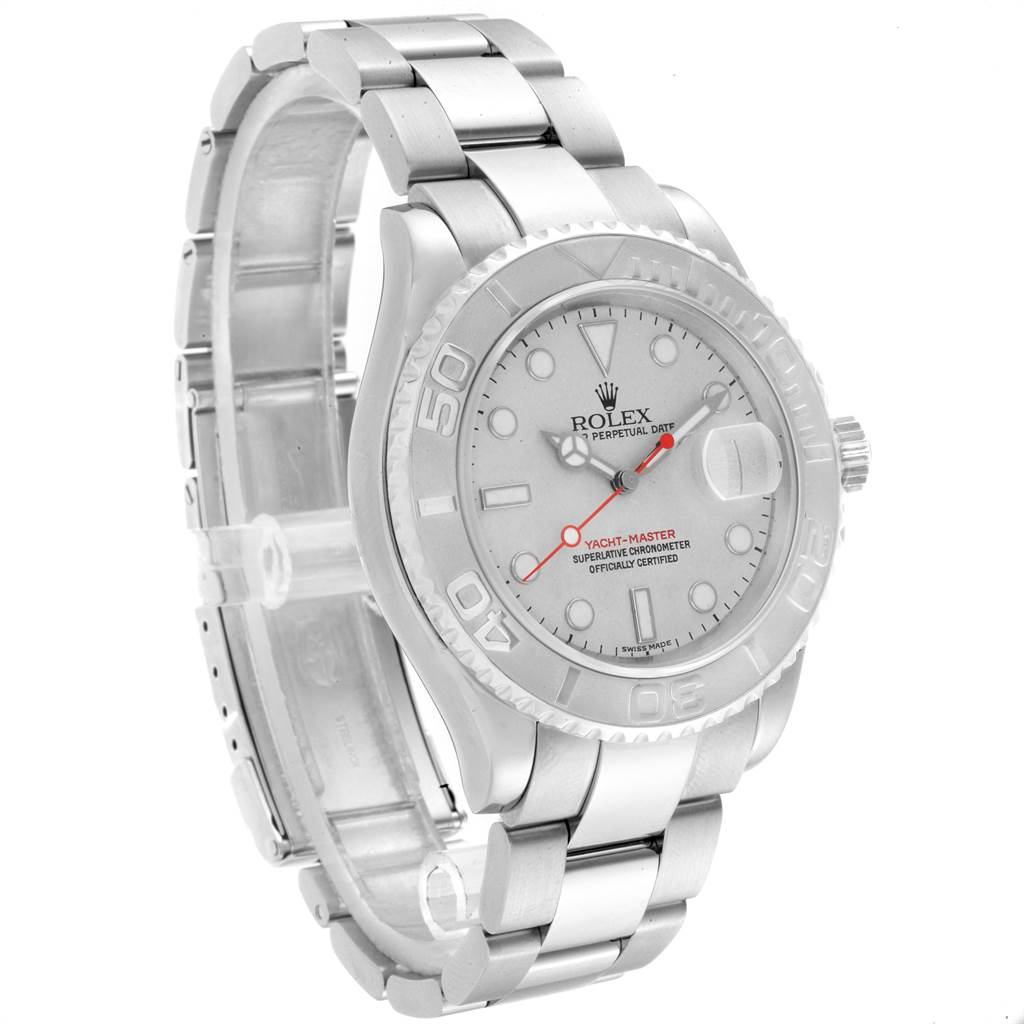 The Rolex Yacht-Master 16622 Men's Stainless Steel Silver Dial 16622 Men's Stainless Steel Silver Dial watch is shown at a three-quarter angle, displaying its face, bezel, band, and clasp.