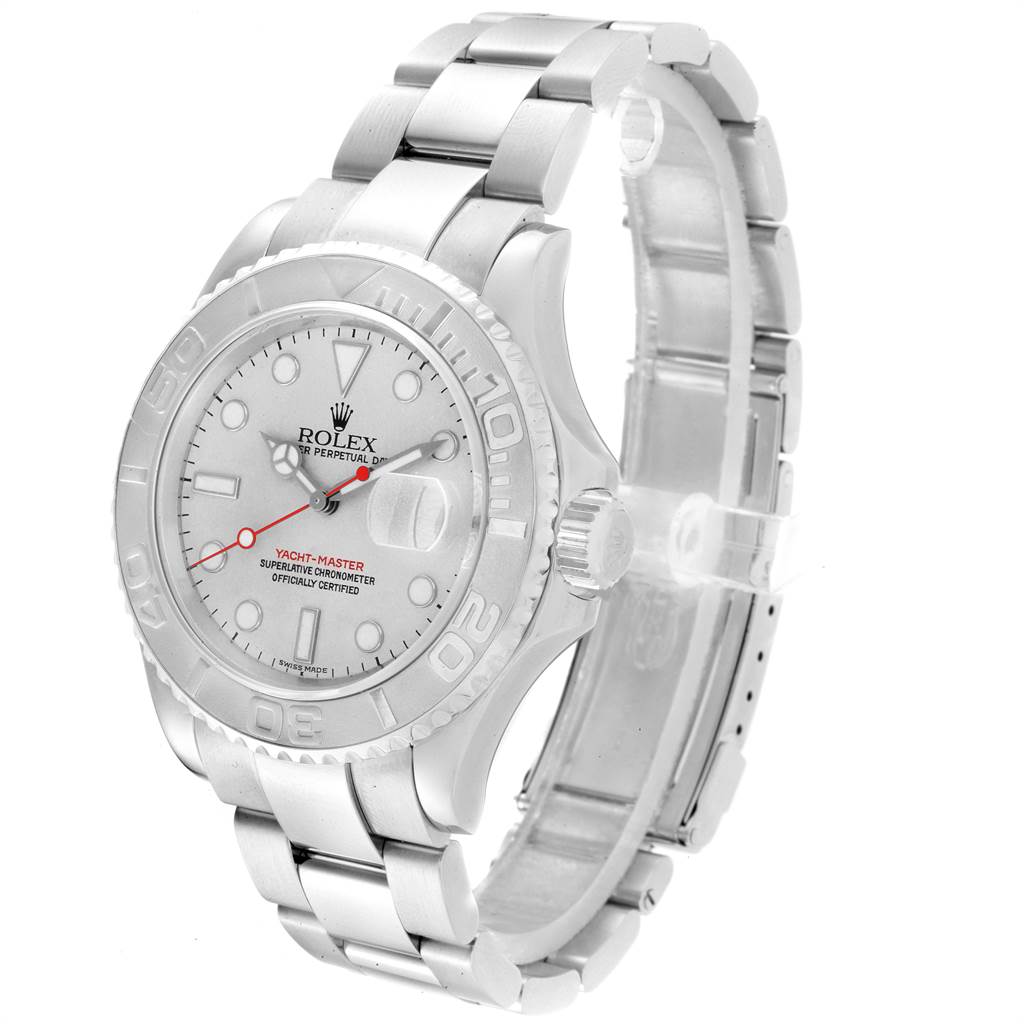 This image shows a Rolex Yacht-Master 16622 Men's Stainless Steel Silver Dial 16622 Men's Stainless Steel Silver Dial watch from a three-quarter angle, highlighting the dial, bezel, and bracelet.