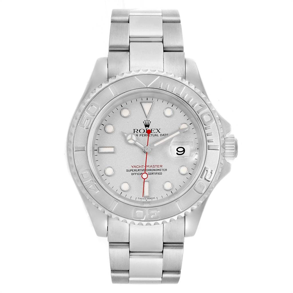 The image shows a front view of a Rolex Yacht-Master 16622 Men's Stainless Steel Silver Dial 16622 Men's Stainless Steel Silver Dial watch, displaying the face, bezel, and bracelet.