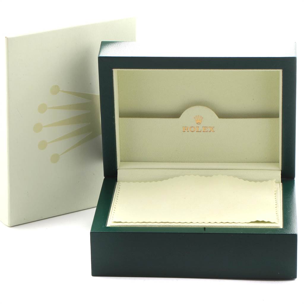 The image shows an open Rolex Yacht-Master 16622 Men's Stainless Steel Silver Dial 16622 Men's Stainless Steel Silver Dial watch box with its lid open, displaying the interior.