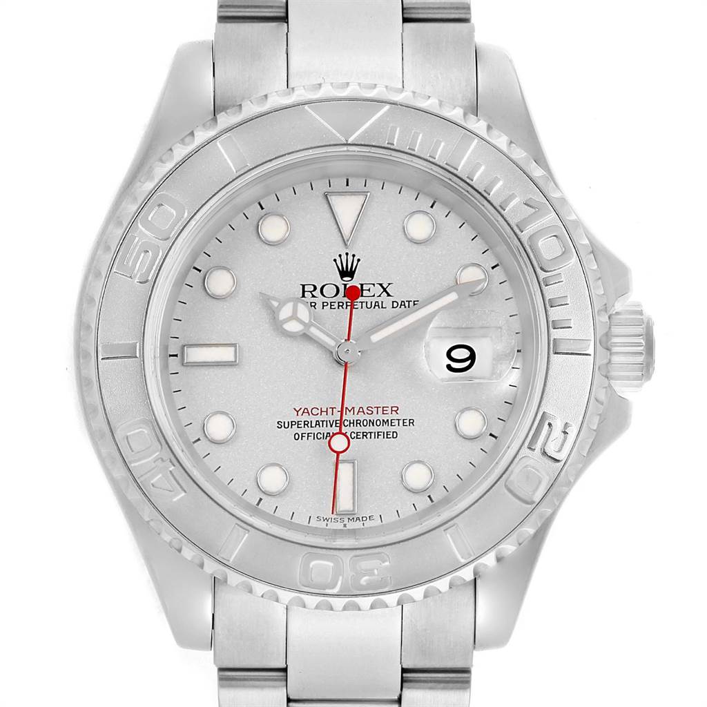 The image shows the front view of a Rolex Yacht-Master 16622 Men's Stainless Steel Silver Dial 16622 Men's Stainless Steel Silver Dial watch, highlighting the dial, bezel, hands, and date window.