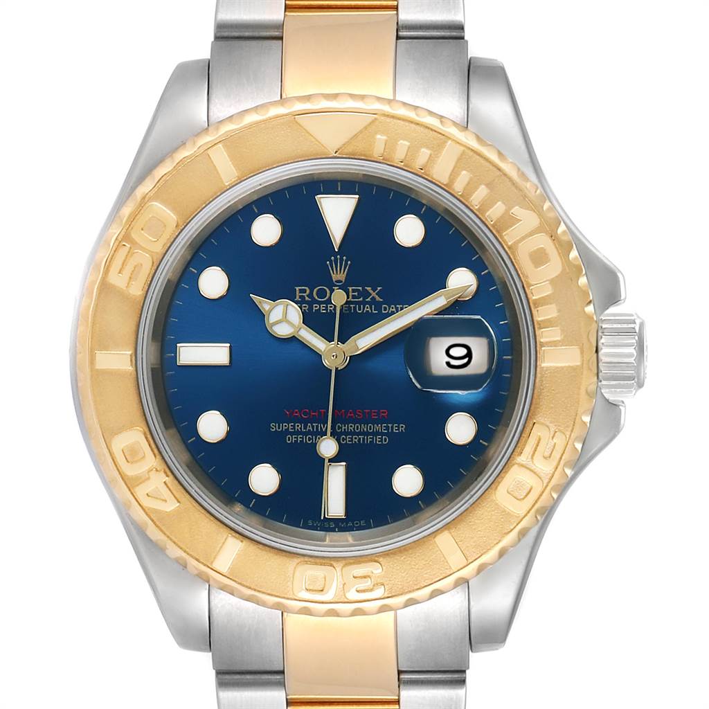 This image shows a front view of the Rolex Yacht-Master 16623 Men's Stainless Steel Blue Dial 16623 Men's Stainless Steel Blue Dial watch, highlighting its blue dial, date window, and two-tone bezel and band.