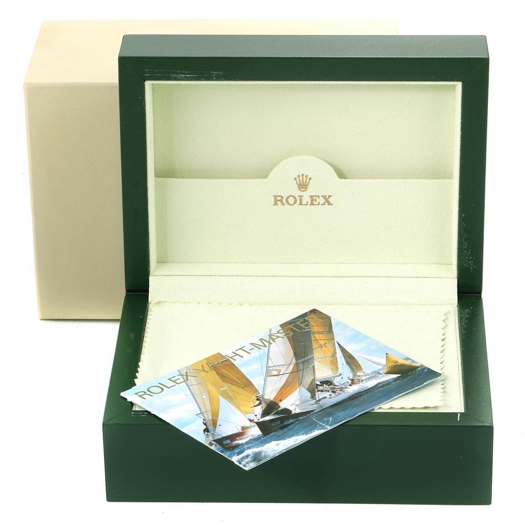 The image shows an open Rolex Yacht-Master 16623 Men's Stainless Steel Blue Dial 16623 Men's Stainless Steel Blue Dial watch box with a card placed inside, viewed from the front.