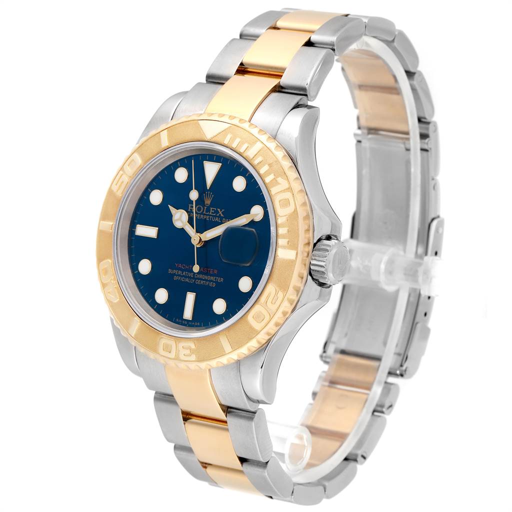 The image shows a side angle view of the Yacht-Master Rolex watch, highlighting the dial, bezel, case, and bracelet.